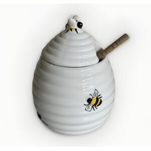 Ceramic Bee Honey Jar Wooden Dipper Beehive Kitchen Decor Cottagecore Farmhouse